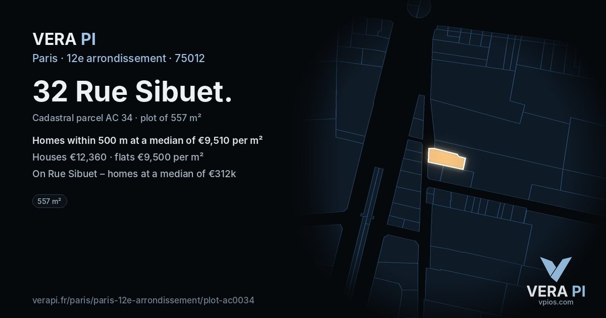 32 Rue Sibuet, 12e arrondissement at night – the plot lit, the parcels around coloured by the prices near them