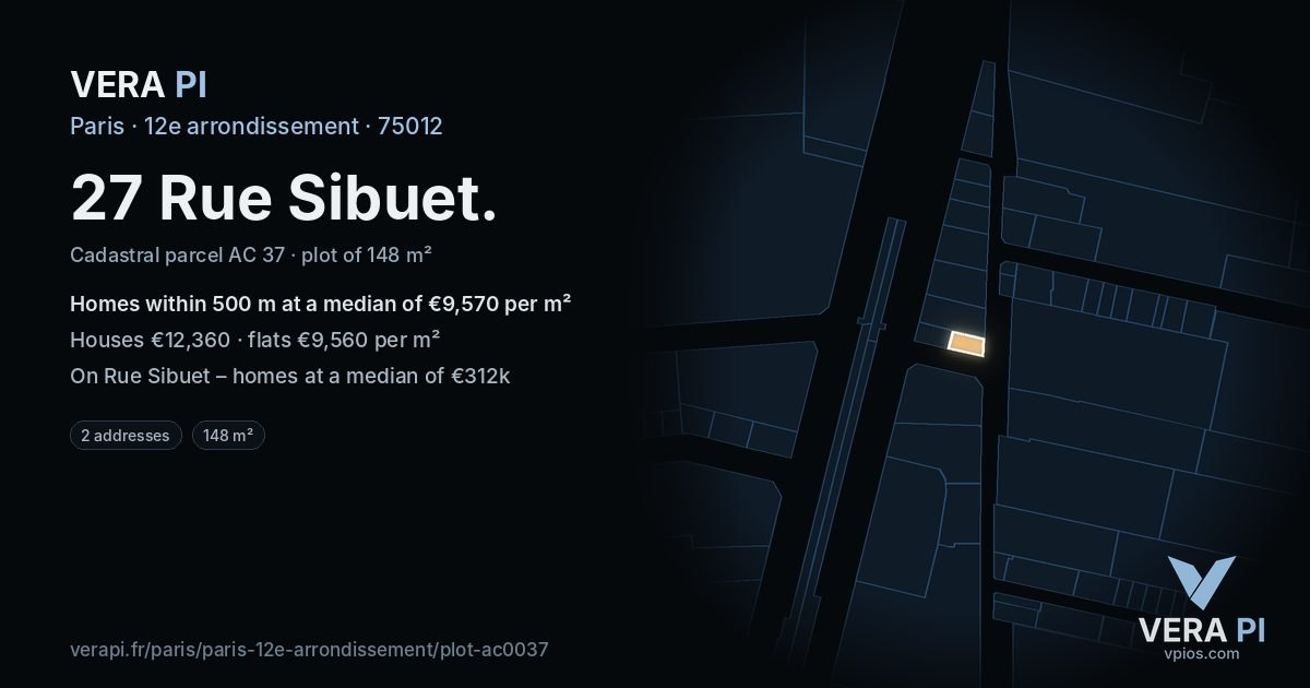 27 Rue Sibuet, 12e arrondissement at night – the plot lit, the parcels around coloured by the prices near them