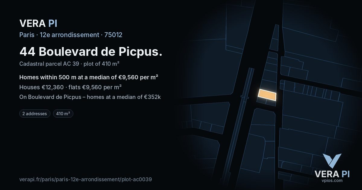 44 Boulevard de Picpus, 12e arrondissement at night – the plot lit, the parcels around coloured by the prices near them