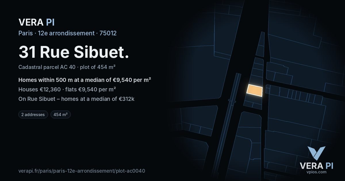 31 Rue Sibuet, 12e arrondissement at night – the plot lit, the parcels around coloured by the prices near them