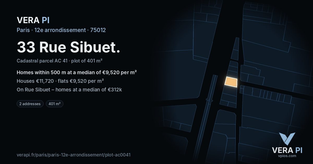 33 Rue Sibuet, 12e arrondissement at night – the plot lit, the parcels around coloured by the prices near them