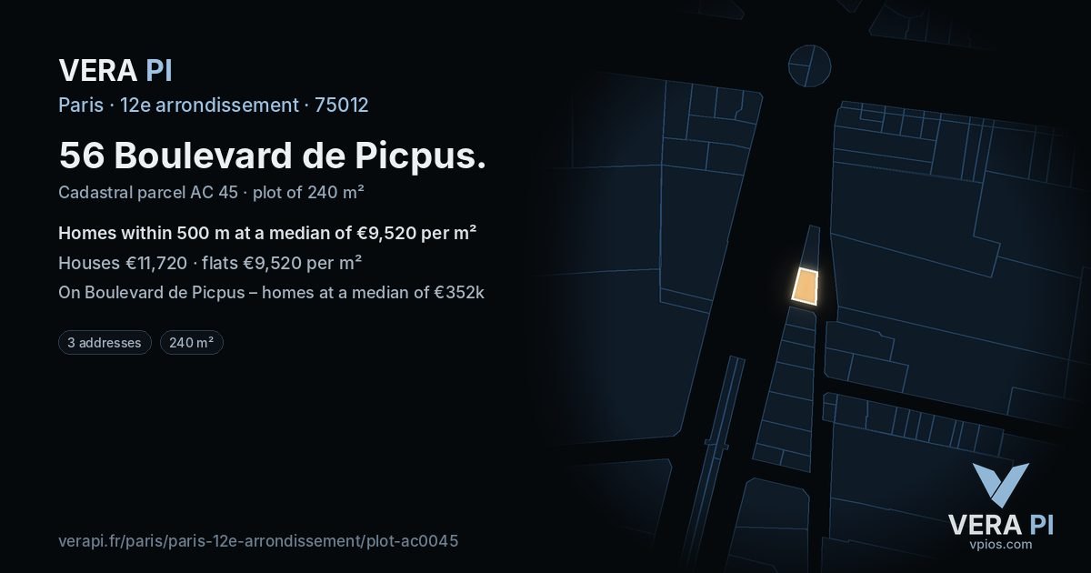 56 Boulevard de Picpus, 12e arrondissement at night – the plot lit, the parcels around coloured by the prices near them