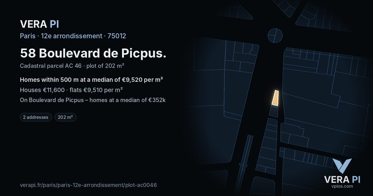 58 Boulevard de Picpus, 12e arrondissement at night – the plot lit, the parcels around coloured by the prices near them
