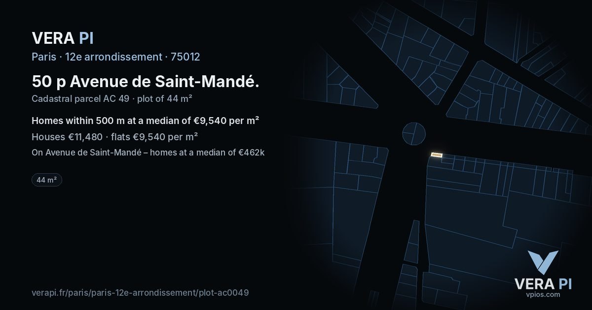 50 p Avenue de Saint-Mandé, 12e arrondissement at night – the plot lit, the parcels around coloured by the prices near them