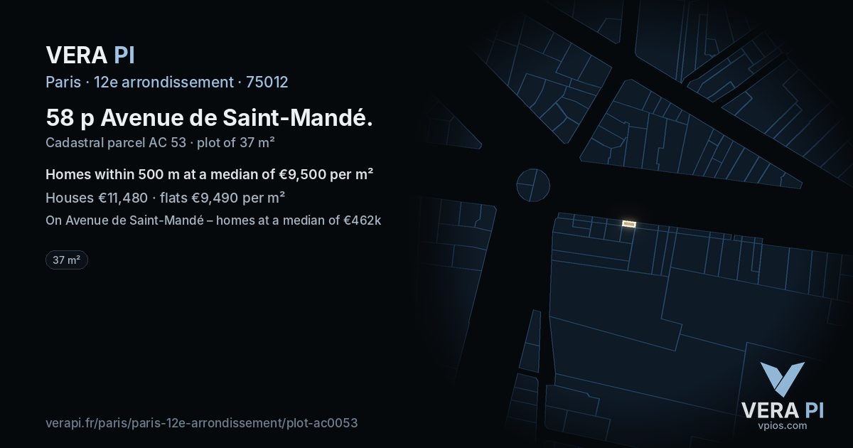 58 p Avenue de Saint-Mandé, 12e arrondissement at night – the plot lit, the parcels around coloured by the prices near them