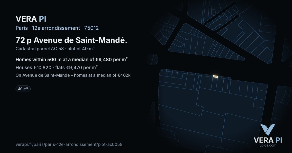 72 p Avenue de Saint-Mandé, 12e arrondissement at night – the plot lit, the parcels around coloured by the prices near them