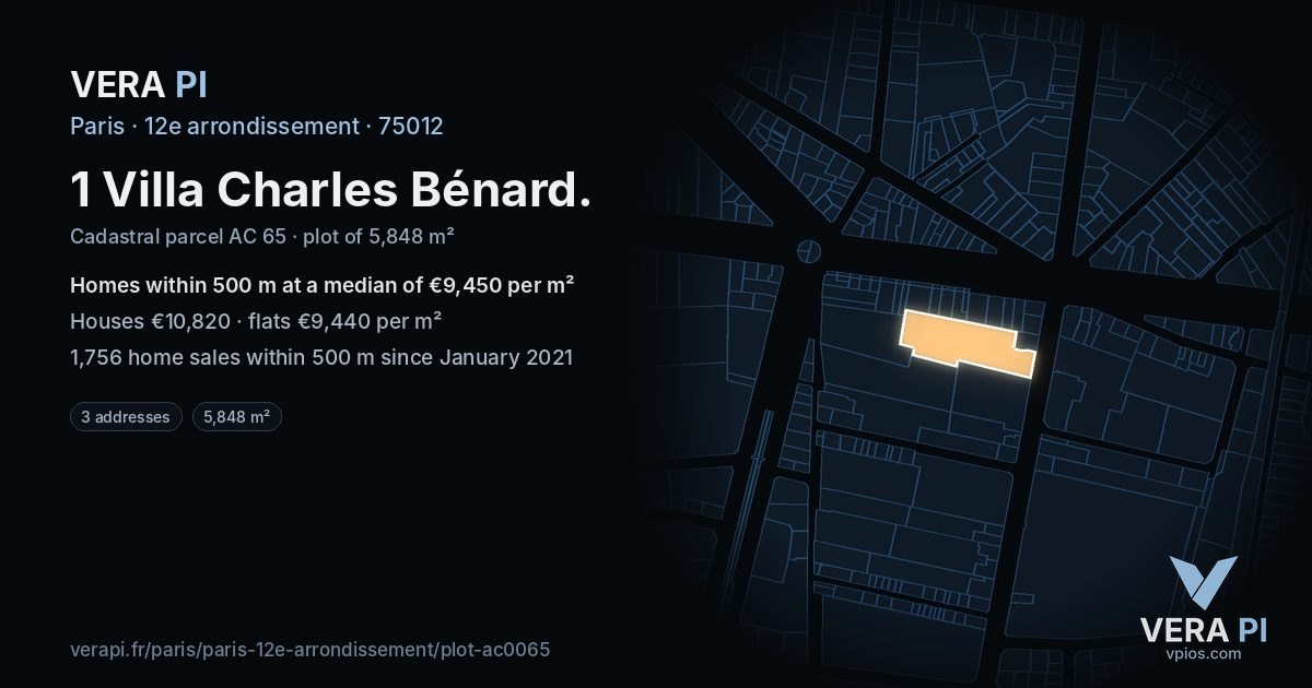 1 Villa Charles Bénard, 12e arrondissement at night – the plot lit, the parcels around coloured by the prices near them