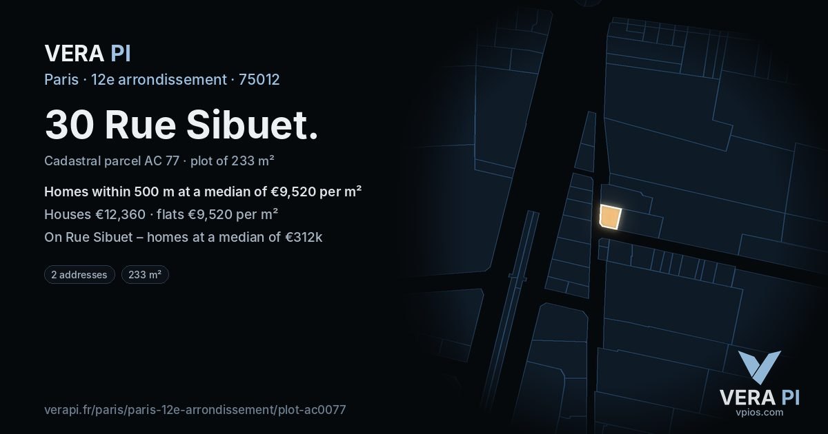 30 Rue Sibuet, 12e arrondissement at night – the plot lit, the parcels around coloured by the prices near them