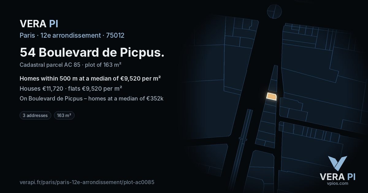 54 Boulevard de Picpus, 12e arrondissement at night – the plot lit, the parcels around coloured by the prices near them