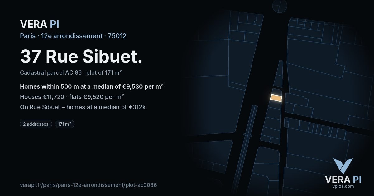 37 Rue Sibuet, 12e arrondissement at night – the plot lit, the parcels around coloured by the prices near them