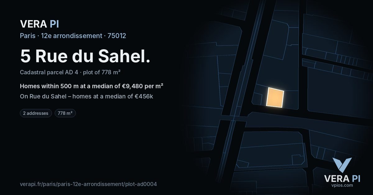 5 Rue du Sahel, 12e arrondissement at night – the plot lit, the parcels around coloured by the prices near them