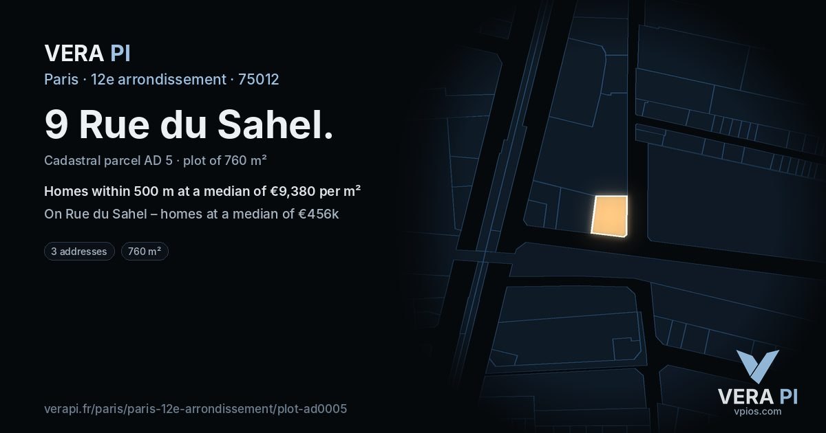 9 Rue du Sahel, 12e arrondissement at night – the plot lit, the parcels around coloured by the prices near them