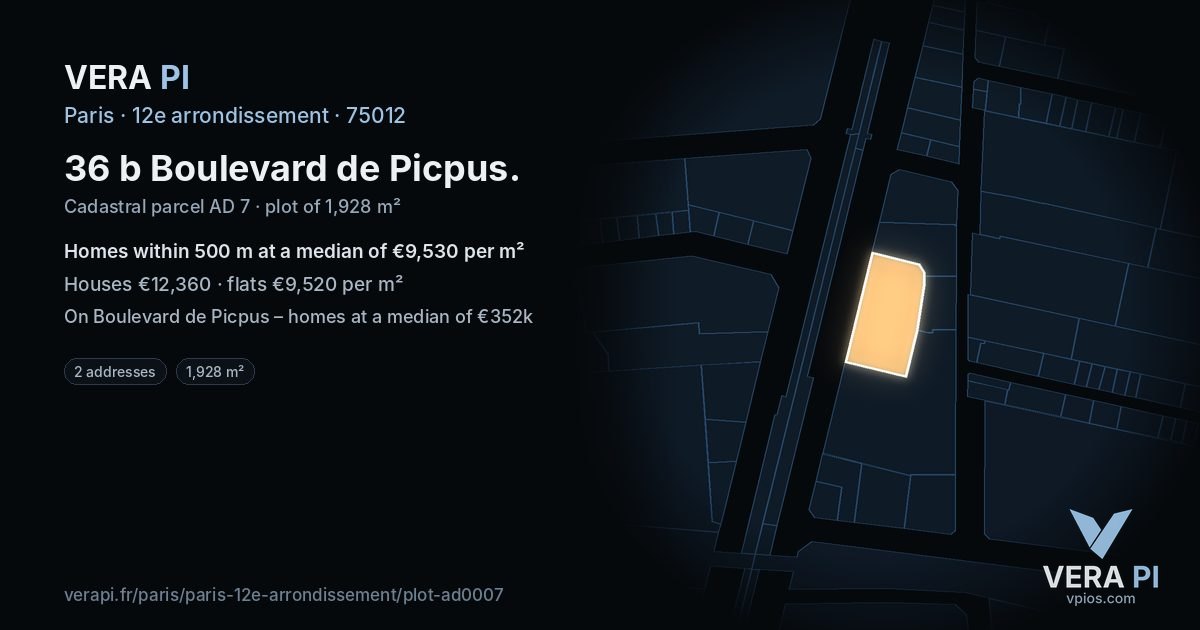 36 b Boulevard de Picpus, 12e arrondissement at night – the plot lit, the parcels around coloured by the prices near them