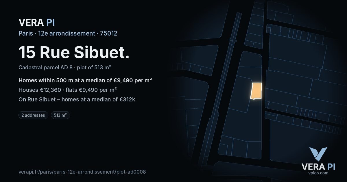 15 Rue Sibuet, 12e arrondissement at night – the plot lit, the parcels around coloured by the prices near them