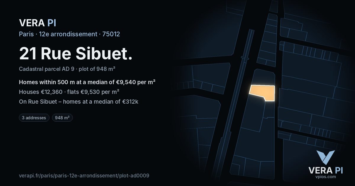 21 Rue Sibuet, 12e arrondissement at night – the plot lit, the parcels around coloured by the prices near them