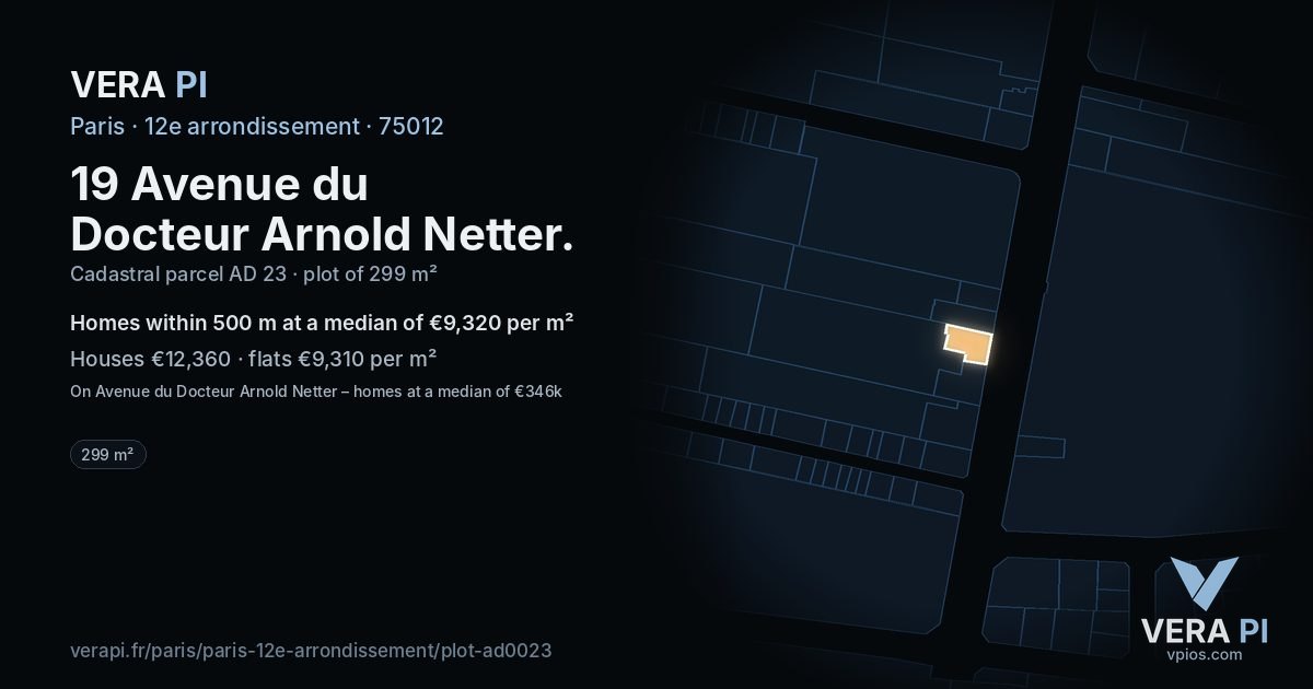 19 Avenue du Docteur Arnold Netter, 12e arrondissement at night – the plot lit, the parcels around coloured by the prices near them
