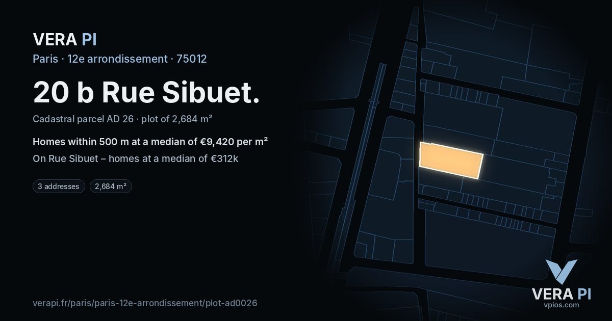 20 b Rue Sibuet, 12e arrondissement at night – the plot lit, the parcels around coloured by the prices near them