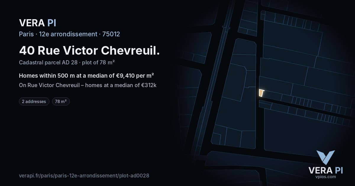 40 Rue Victor Chevreuil, 12e arrondissement at night – the plot lit, the parcels around coloured by the prices near them