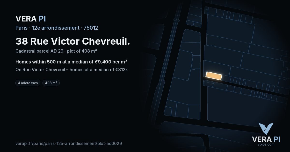 38 Rue Victor Chevreuil, 12e arrondissement at night – the plot lit, the parcels around coloured by the prices near them