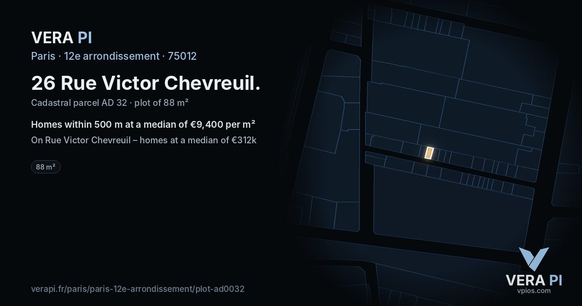 26 Rue Victor Chevreuil, 12e arrondissement at night – the plot lit, the parcels around coloured by the prices near them