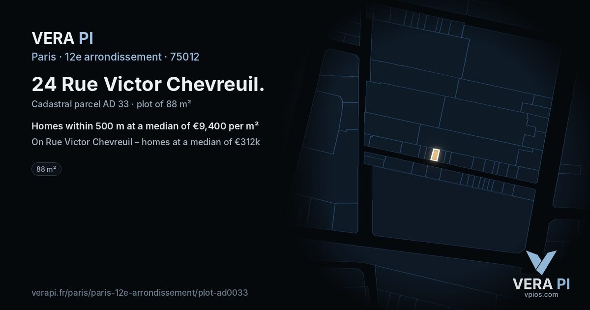 24 Rue Victor Chevreuil, 12e arrondissement at night – the plot lit, the parcels around coloured by the prices near them