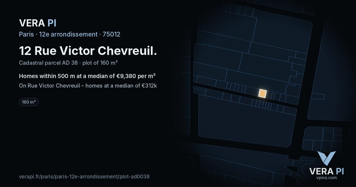 12 Rue Victor Chevreuil, 12e arrondissement at night – the plot lit, the parcels around coloured by the prices near them