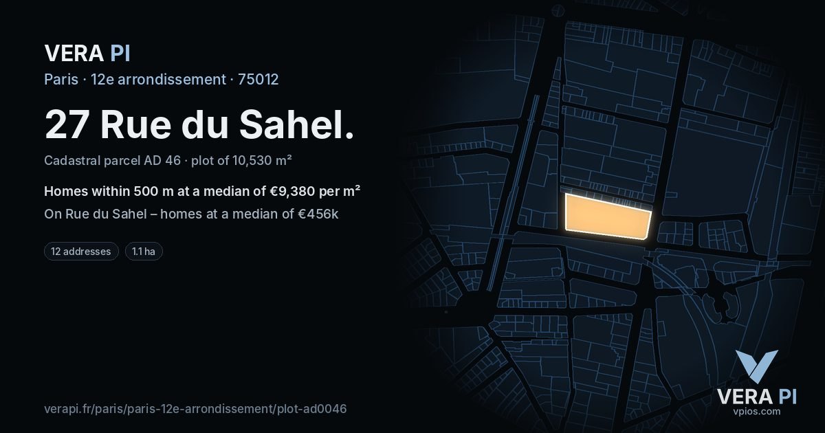 27 Rue du Sahel, 12e arrondissement at night – the plot lit, the parcels around coloured by the prices near them