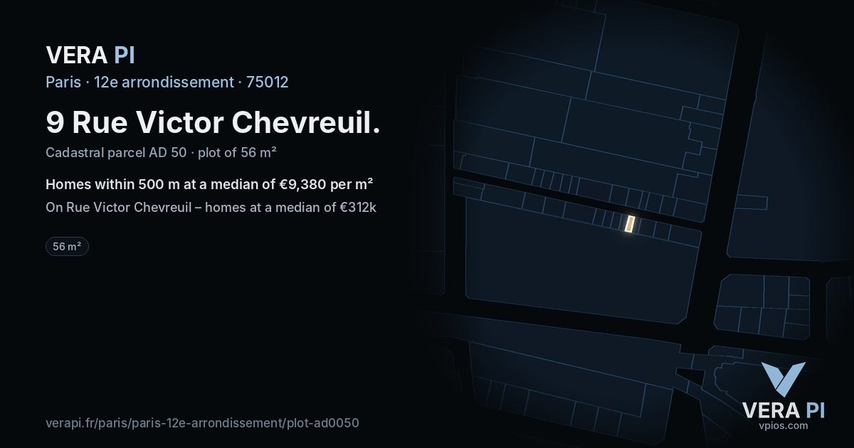 9 Rue Victor Chevreuil, 12e arrondissement at night – the plot lit, the parcels around coloured by the prices near them