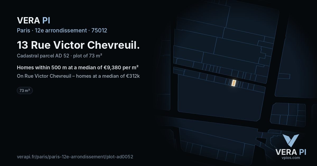 13 Rue Victor Chevreuil, 12e arrondissement at night – the plot lit, the parcels around coloured by the prices near them