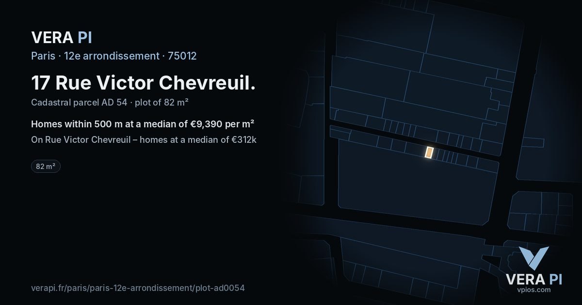 17 Rue Victor Chevreuil, 12e arrondissement at night – the plot lit, the parcels around coloured by the prices near them