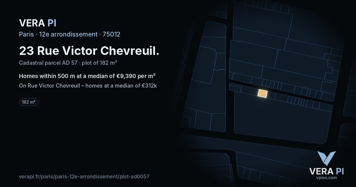 23 Rue Victor Chevreuil, 12e arrondissement at night – the plot lit, the parcels around coloured by the prices near them