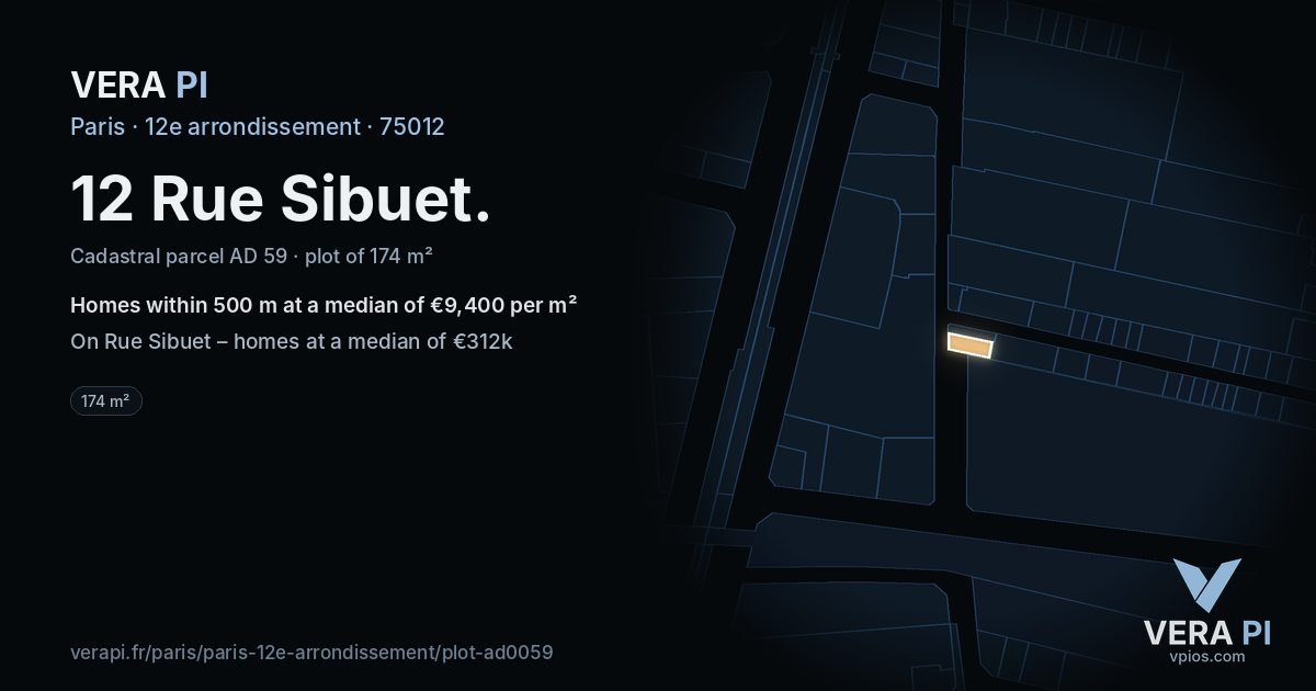 12 Rue Sibuet, 12e arrondissement at night – the plot lit, the parcels around coloured by the prices near them