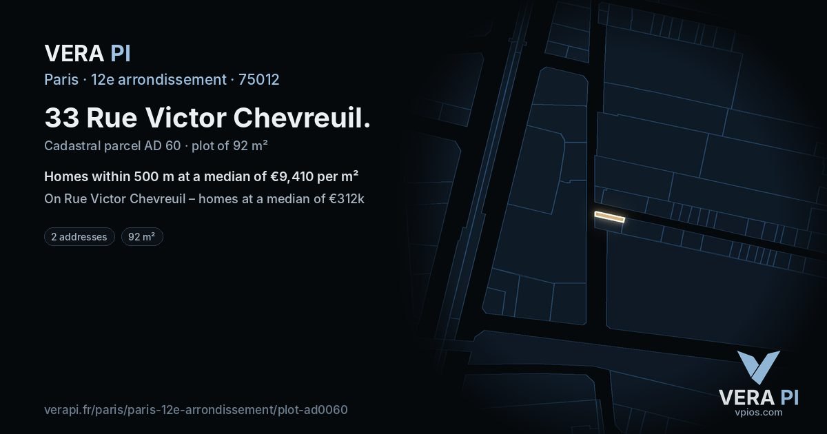 33 Rue Victor Chevreuil, 12e arrondissement at night – the plot lit, the parcels around coloured by the prices near them