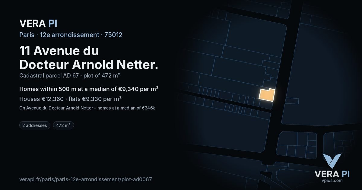 11 Avenue du Docteur Arnold Netter, 12e arrondissement at night – the plot lit, the parcels around coloured by the prices near them