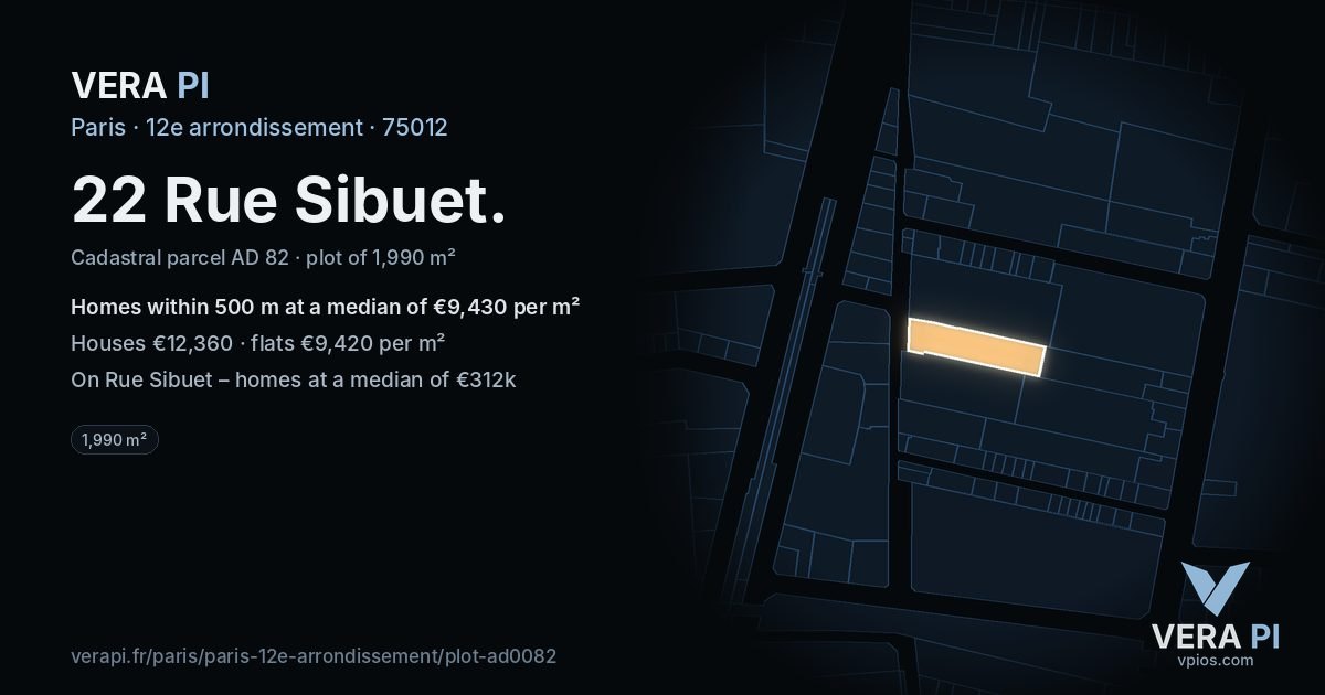 22 Rue Sibuet, 12e arrondissement at night – the plot lit, the parcels around coloured by the prices near them