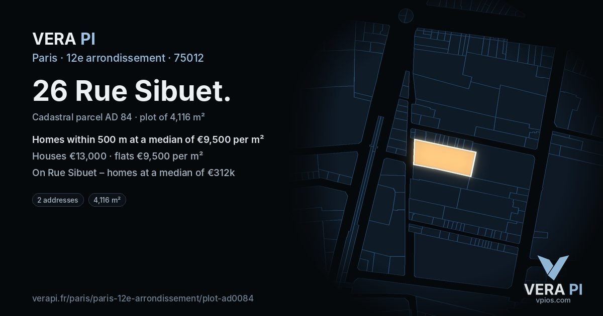 26 Rue Sibuet, 12e arrondissement at night – the plot lit, the parcels around coloured by the prices near them