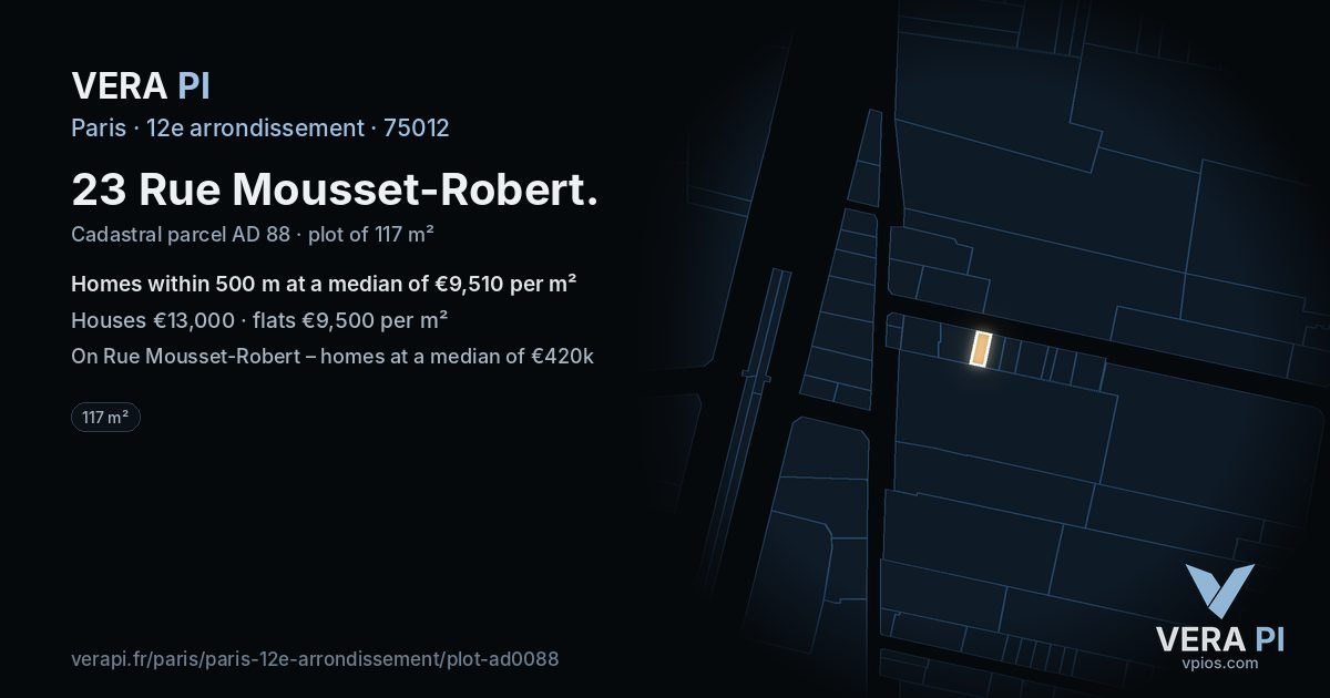 23 Rue Mousset-Robert, 12e arrondissement at night – the plot lit, the parcels around coloured by the prices near them