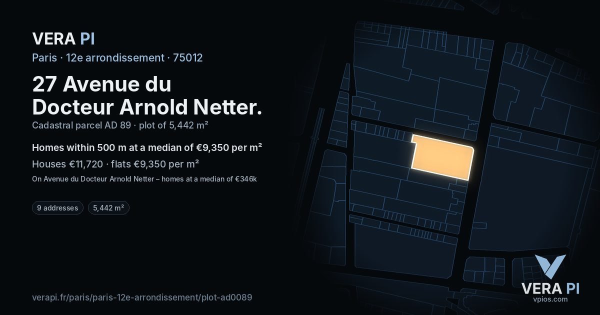 27 Avenue du Docteur Arnold Netter, 12e arrondissement at night – the plot lit, the parcels around coloured by the prices near them
