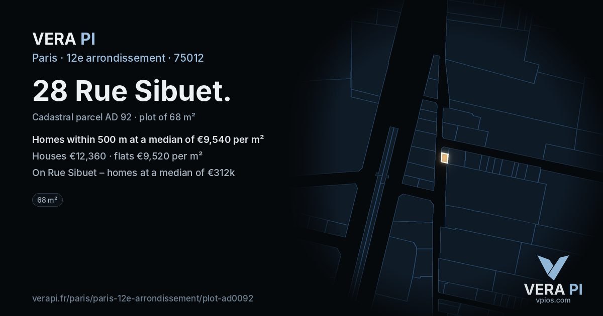 28 Rue Sibuet, 12e arrondissement at night – the plot lit, the parcels around coloured by the prices near them