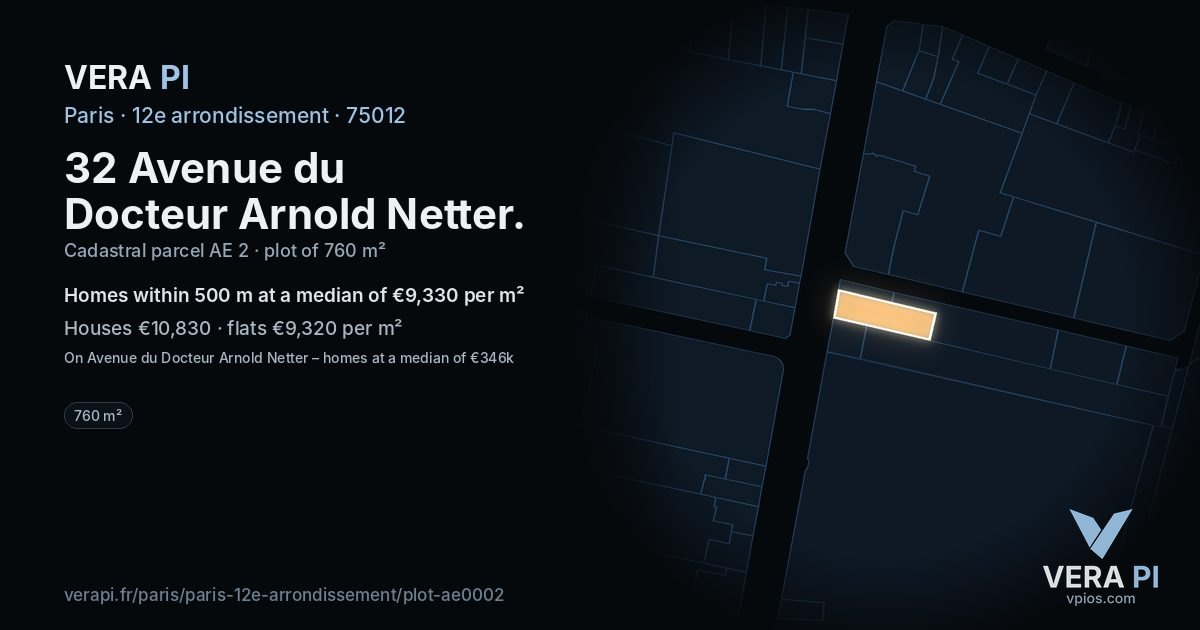 32 Avenue du Docteur Arnold Netter, 12e arrondissement at night – the plot lit, the parcels around coloured by the prices near them