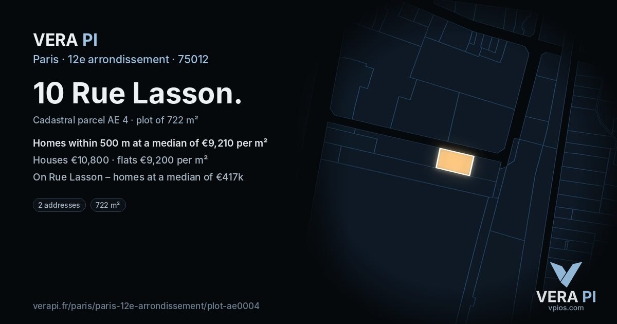 10 Rue Lasson, 12e arrondissement at night – the plot lit, the parcels around coloured by the prices near them