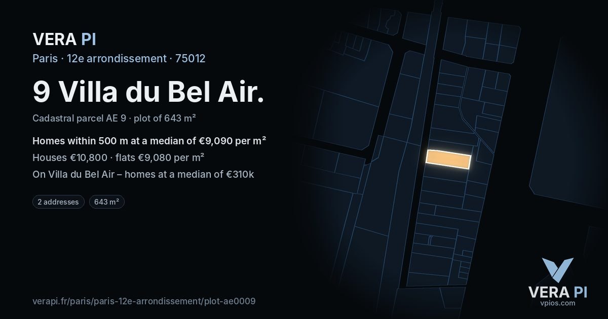 9 Villa du Bel Air, 12e arrondissement at night – the plot lit, the parcels around coloured by the prices near them