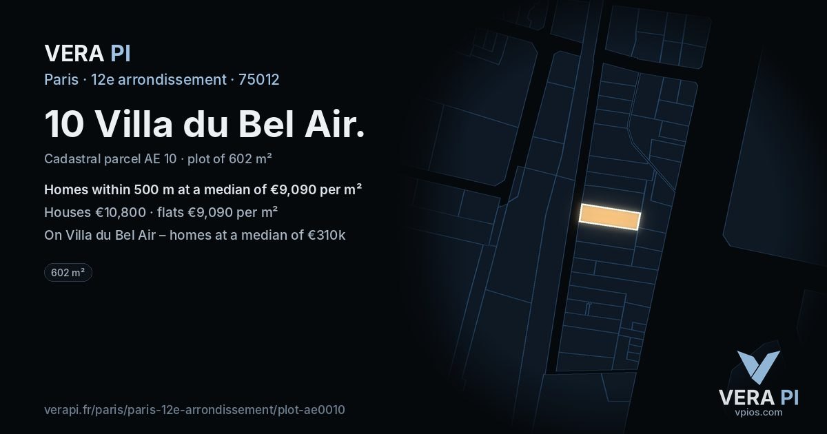 10 Villa du Bel Air, 12e arrondissement at night – the plot lit, the parcels around coloured by the prices near them