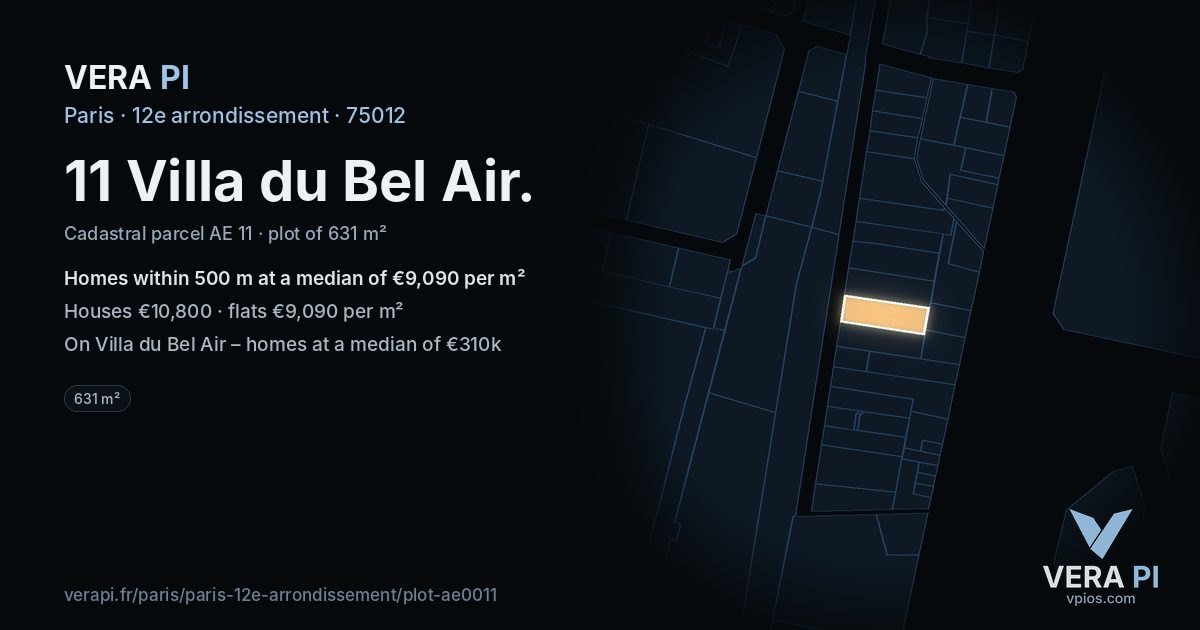 11 Villa du Bel Air, 12e arrondissement at night – the plot lit, the parcels around coloured by the prices near them