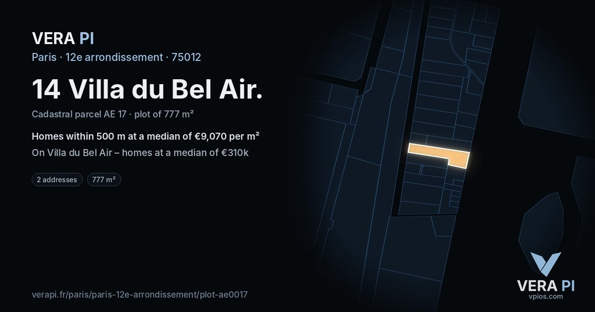 14 Villa du Bel Air, 12e arrondissement at night – the plot lit, the parcels around coloured by the prices near them