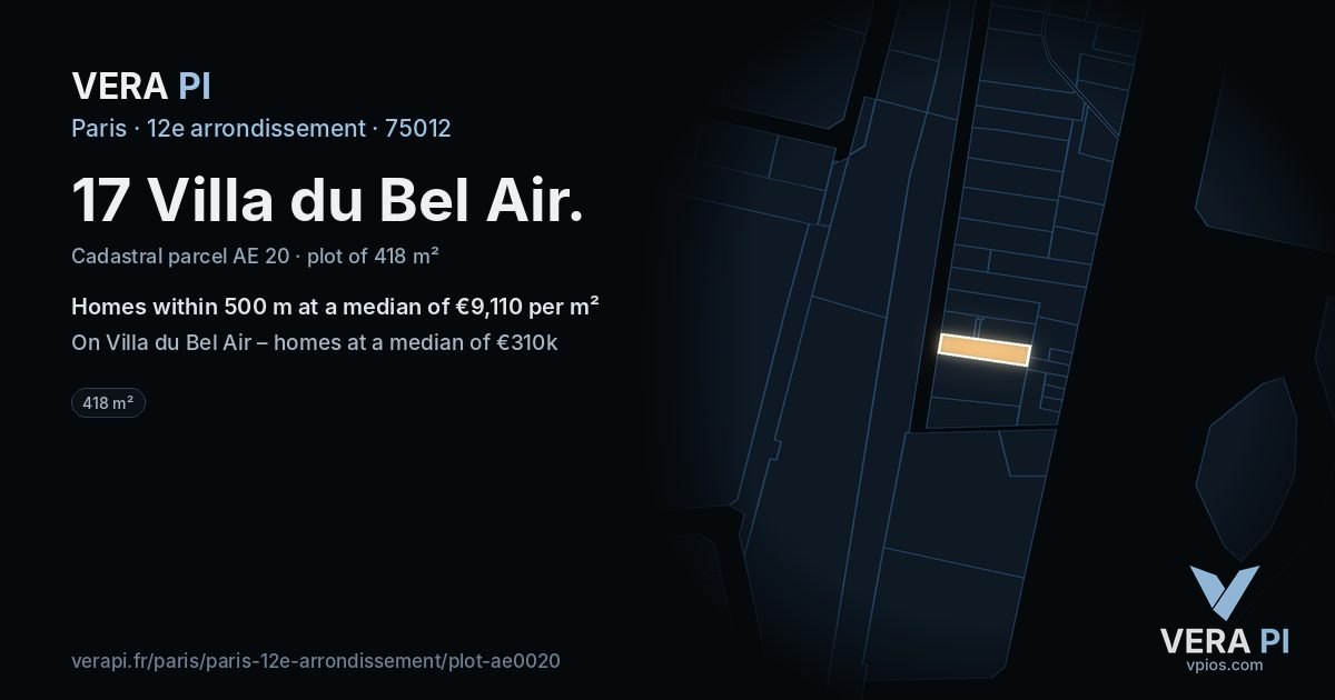 17 Villa du Bel Air, 12e arrondissement at night – the plot lit, the parcels around coloured by the prices near them