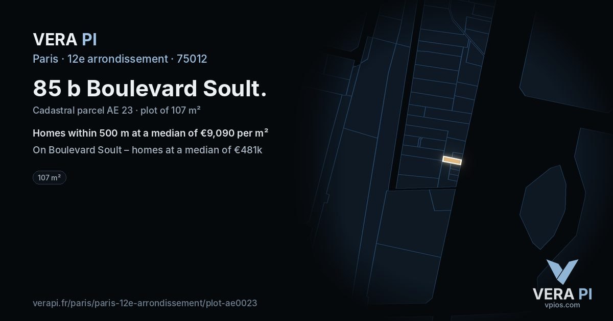 85 b Boulevard Soult, 12e arrondissement at night – the plot lit, the parcels around coloured by the prices near them
