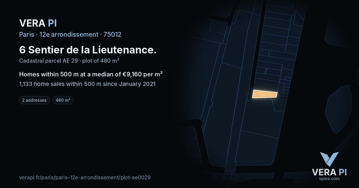 6 Sentier de la Lieutenance, 12e arrondissement at night – the plot lit, the parcels around coloured by the prices near them