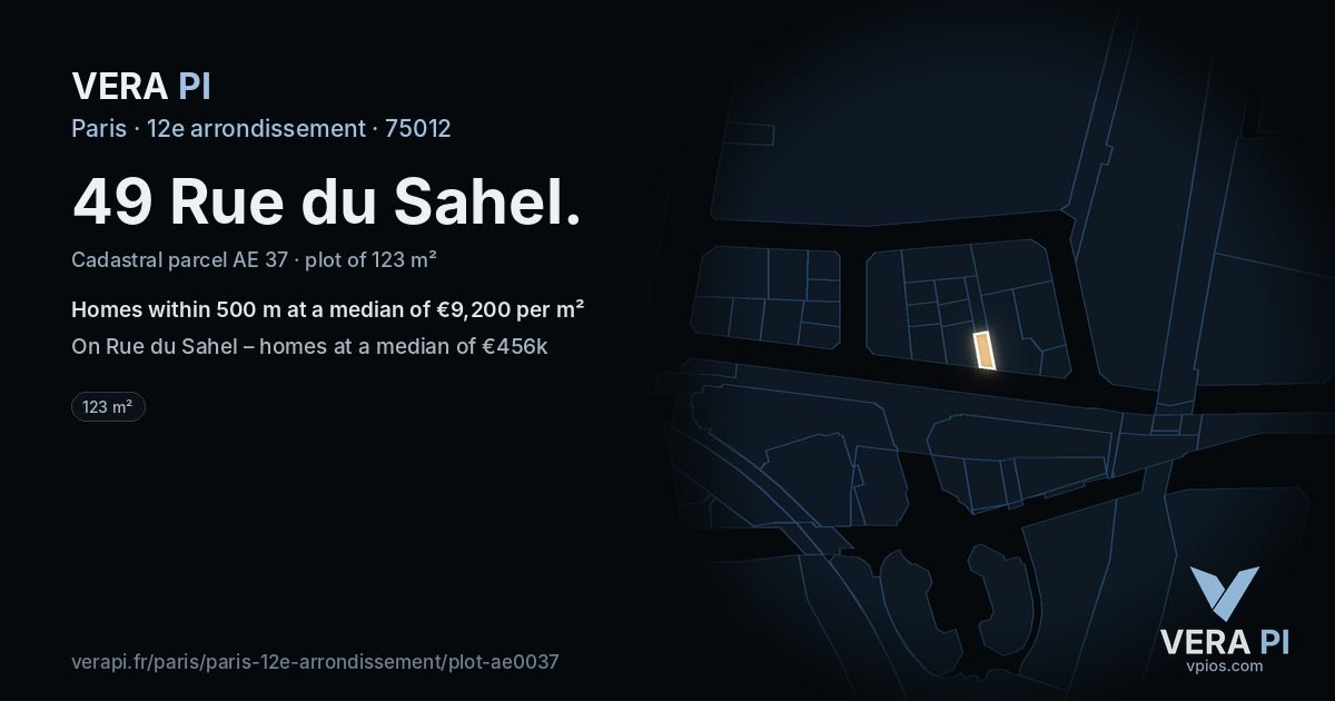 49 Rue du Sahel, 12e arrondissement at night – the plot lit, the parcels around coloured by the prices near them