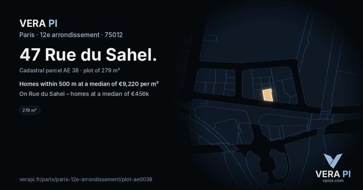 47 Rue du Sahel, 12e arrondissement at night – the plot lit, the parcels around coloured by the prices near them